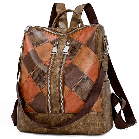 Women Retro Patchwork Backpack PU Leather Fashion Geometric Diamond Multi Functional Travel Rucksack Waterproof Soft