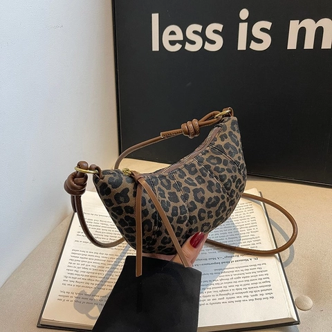 Leopardenmuster-Schultertasche Halbmond Für Damen Wollstoff Croissant Hobo-Tasche Mit Geknotetem PU-Lederriemen Herbst Winter