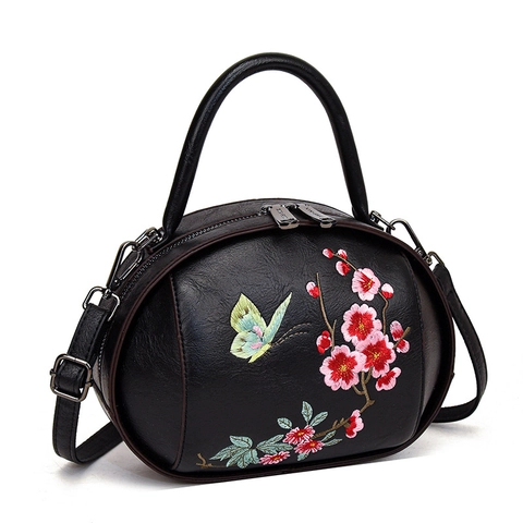 Vintage Chinese Stijl Geborduurde Bloem Vlinder PU Lederen Handtas Vrouwen Ovaal Crossbodytas Feest Dagelijks Top Handle Bag