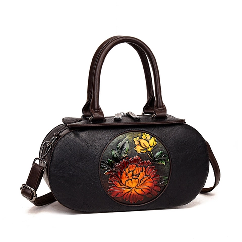 Vintage PU Leather Boston Handbag For Women 3D Embossed Peony Flower Top Handle Bag With Detachable Shoulder Strap Ethnic Style Satchel