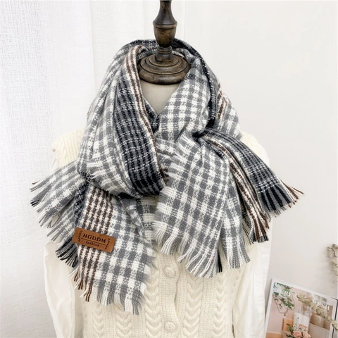 Écharpe D'Hiver Douce Faux Cachemire Motif À Carreaux Épaisse Chaude Châle Avec Franges Style Coréen Polyvalente Pour Femmes