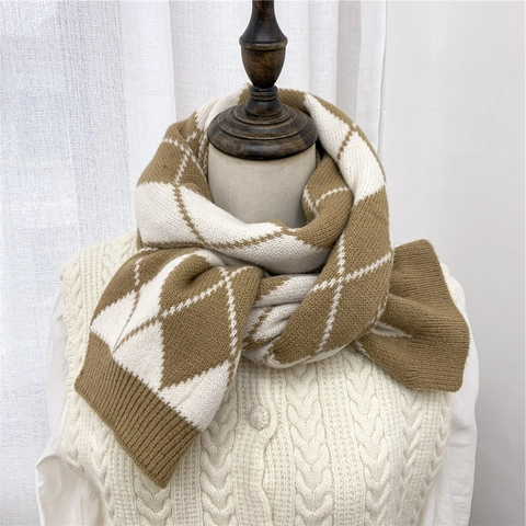 Sciarpa In Maglia A Rombi Inverno Calda Doppia Faccia Morbida Spessa Bordo A Costine Retro Stile Coreano Accessori Donna