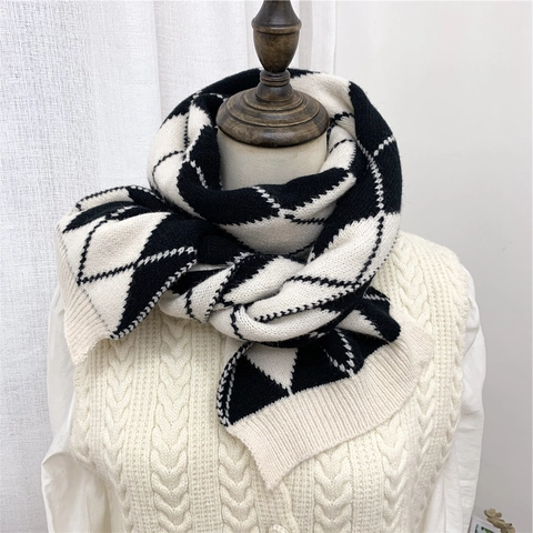 Sciarpa In Maglia A Rombi Inverno Calda Doppia Faccia Morbida Spessa Bordo A Costine Retro Stile Coreano Accessori Donna