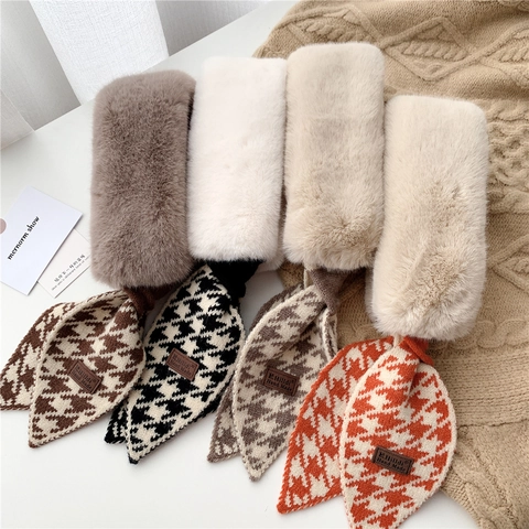 Winter Scarf For Women Thick Warm Plush Faux Fur Patchwork Knitted Houndstooth Zebra Argyle Pattern Cross Neck Warmer