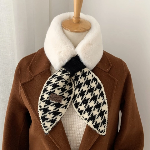 Winter Scarf For Women Thick Warm Plush Faux Fur Patchwork Knitted Houndstooth Zebra Argyle Pattern Cross Neck Warmer