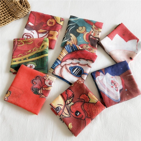 Square Scarf Cotton Linen Festive Print Christmas Santa Chinese Zodiac Ox Pattern Bandana Women Decorative Handkerchief
