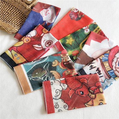 Square Scarf Cotton Linen Festive Print Christmas Santa Chinese Zodiac Ox Pattern Bandana Women Decorative Handkerchief
