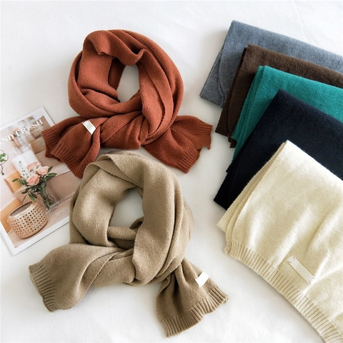 Solid Color Knitted Scarf Women Winter Warm Thick Shawl Wraps With White Label Korean Fashion Soft Long Scarf For Outdoor
