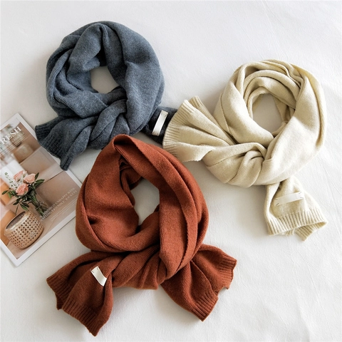 Solid Color Knitted Scarf Women Winter Warm Thick Shawl Wraps With White Label Korean Fashion Soft Long Scarf For Outdoor