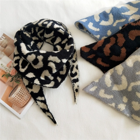 Leopard Print Knitted Triangular Scarf Warm Thick Autumn Winter Shawl Wrap For Women Fashion Chic Neckwear