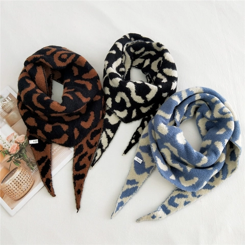 Leopard Print Knitted Triangular Scarf Warm Thick Autumn Winter Shawl Wrap For Women Fashion Chic Neckwear