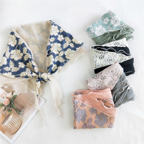 Women Triangular Scarf Cotton Linen Lace Floral Patchwork Scalloped Edge Hollow Out Vintage Elegant Neck Shawl
