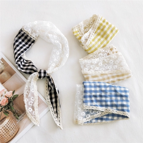 Foulard Femme Style Coréen en Coton Lin Motif Vichy Broderie Marguerite Épissage Dentelle Vintage Bandeau Décoratif