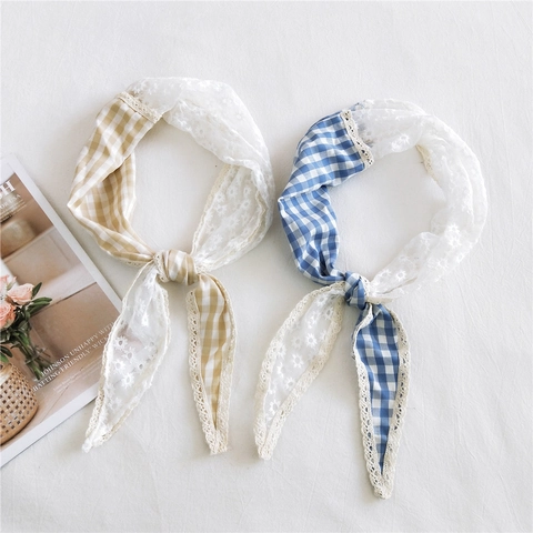 Foulard Femme Style Coréen en Coton Lin Motif Vichy Broderie Marguerite Épissage Dentelle Vintage Bandeau Décoratif