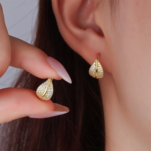 Blatt Creolen Aus Kupfer Und Zirkonia Mikropflaster Eleganter Zierlicher Schmuck Für Damen