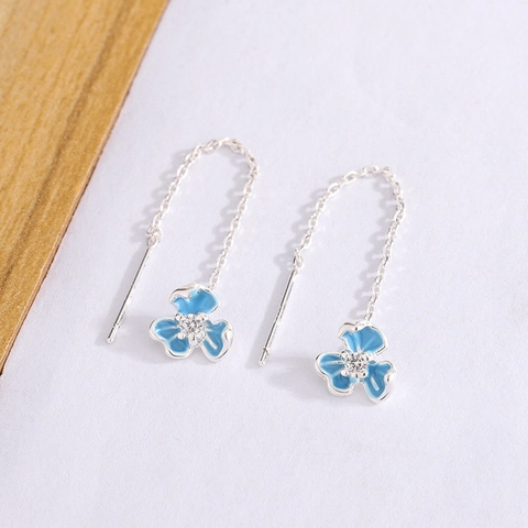 Orecchini a Filo Fiore Iris Blu Rame Smalto a Goccia Zircone Floreale Catena Lunga con Nappine Orecchini Gioielli da Donna