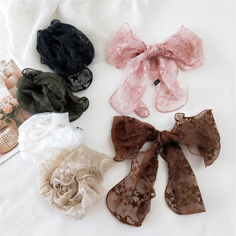 Women Lace Star Pattern Skinny Scarf Vintage Neck Wrap Decorative Hair Ribbon Bag Accessory Long Streamer French Style