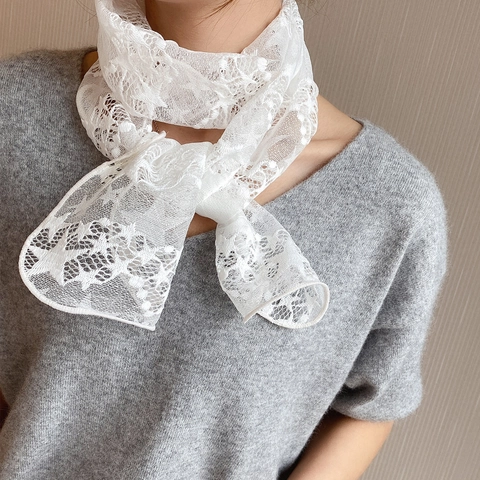 Women Lace Star Pattern Skinny Scarf Vintage Neck Wrap Decorative Hair Ribbon Bag Accessory Long Streamer French Style