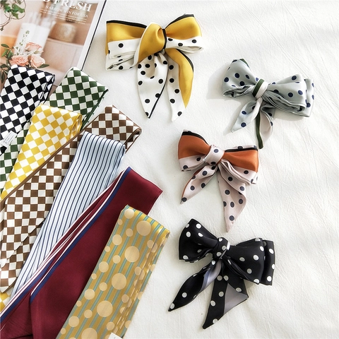 Foulard Lungo Stretto Finta Raso Cravatta Sottile Fascia Capelli Nastro Borsa Decorazione Vintage Scacchi Pois Righe Donna