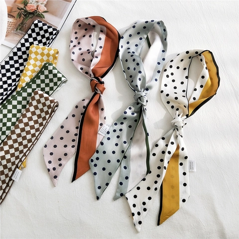 Foulard Lungo Stretto Finta Raso Cravatta Sottile Fascia Capelli Nastro Borsa Decorazione Vintage Scacchi Pois Righe Donna