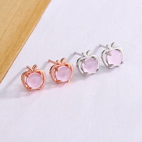 Boucles D'oreilles Pomme En Quartz Rose Doux Bijoux En Cuivre Forme De Fruit Pour Femmes Style Ins Coréen Élégant