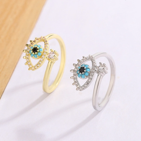 Bague Ajustable En Cuivre Œil Maléfique Zircon Strass Bleu Bande Ouverte Bijoux Minimalistes Pour Femmes