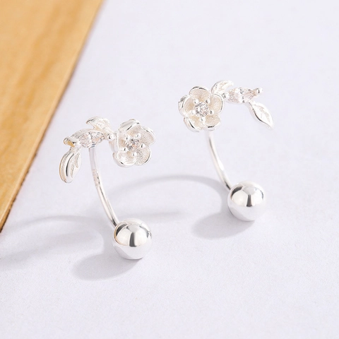 Flower Leaf Stud Earrings Copper With Zirconia And Copper Earring Post Spiral Screw Back Minimalist Jewelry For Women