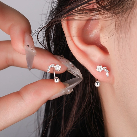 Flower Leaf Stud Earrings Copper With Zirconia And Copper Earring Post Spiral Screw Back Minimalist Jewelry For Women