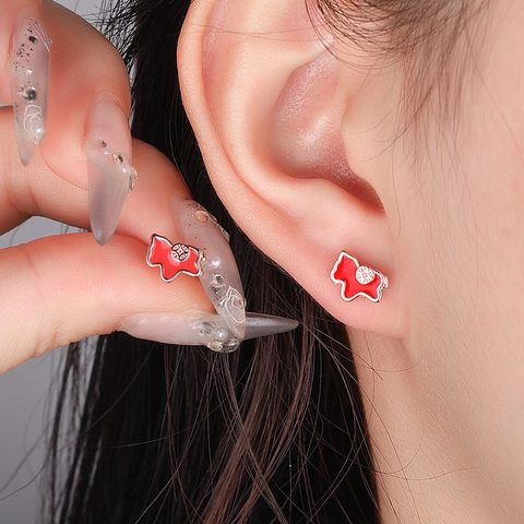 Red Enamel Zodiac Horse Stud Earrings With 925 Sterling Silver Earring Post Lucky Coin Copper Jewelry Women