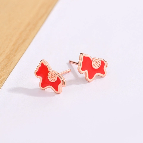 Red Enamel Zodiac Horse Stud Earrings With 925 Sterling Silver Earring Post Lucky Coin Copper Jewelry Women