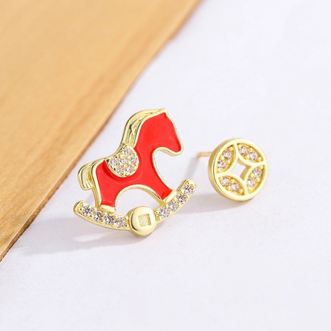 Asymmetric Rocking Horse And Round Coin Earrings Copper Enamel Rhinestone Festive Jewelry Women
