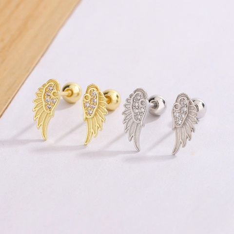 Angel Wing Stud Earrings Copper With Cubic Zirconia Screw Ball Back Dainty Piercing Jewelry Unique Style Women