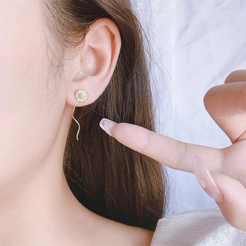 Pendientes Línea Oreja Borla Larga Flor Margarita Pequeña Cadena Ondulada Poste De Plata De Ley 925 Para Mujer