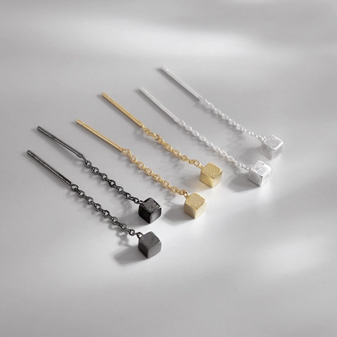 Geometric Cube Pull Through Threader Earrings Minimalist Square Long Chain Jewelry With 925 Sterling Silver Earring Post