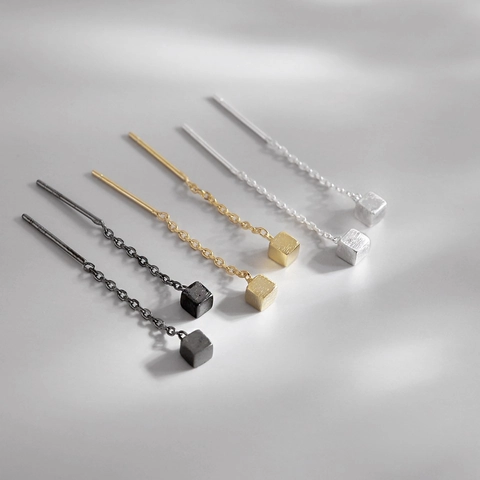 Geometric Cube Pull Through Threader Earrings Minimalist Square Long Chain Jewelry With 925 Sterling Silver Earring Post