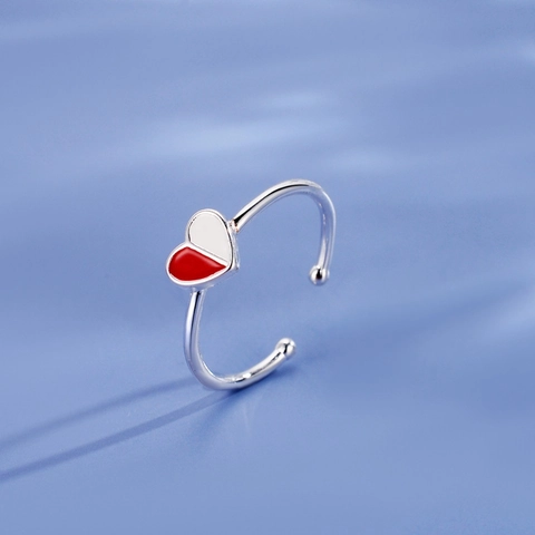 Red Heart Open Ring For Women Adjustable Copper Two-tone Enamel Heart Shaped Sweet Romantic Jewelry