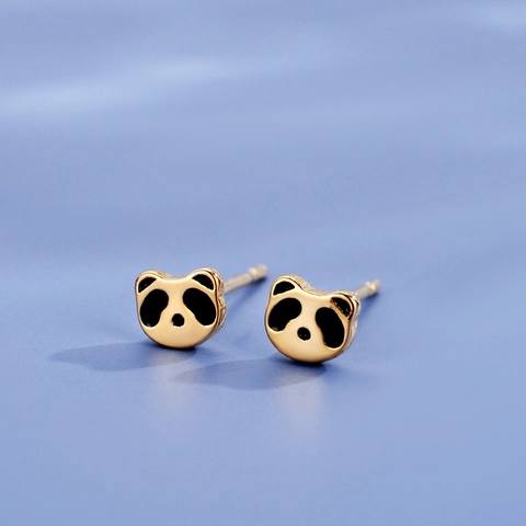 Cute Panda Stud Earrings Gold Plated Copper With 925 Sterling Silver Earring Post Black Enamel Animal Jewelry For Women