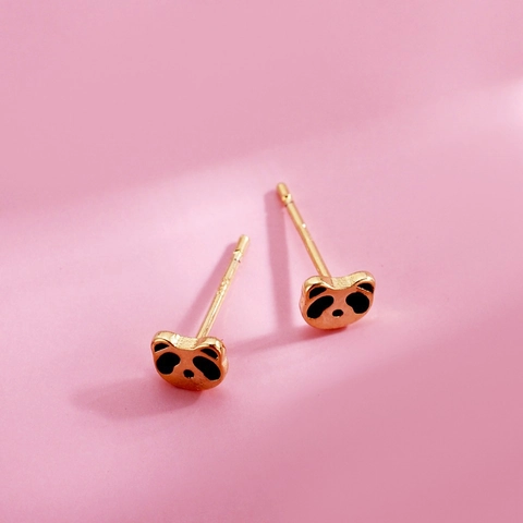 Cute Panda Stud Earrings Gold Plated Copper With 925 Sterling Silver Earring Post Black Enamel Animal Jewelry For Women