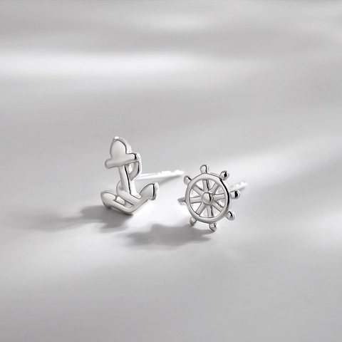 Pendientes Asimétricos De Cobre Con Ancla Y Timón Joyas Náuticas Pulidas Para Mujeres Niñas Sencillo Moderno