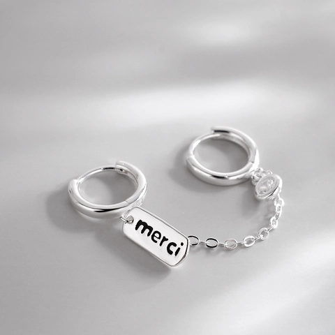 Copper Zircon Double Piercing Chain Hoop Earrings With Merci Letter Tag Minimalist Silver Tone For Women