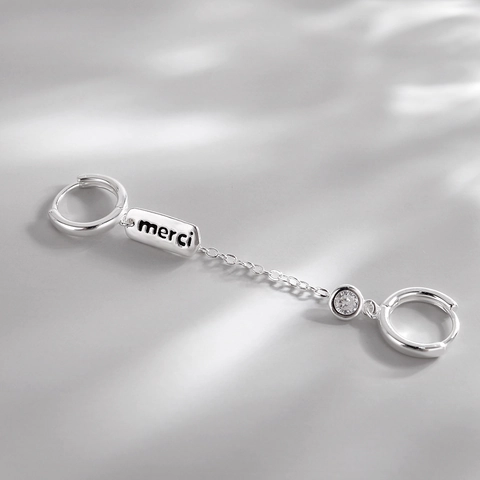Copper Zircon Double Piercing Chain Hoop Earrings With Merci Letter Tag Minimalist Silver Tone For Women