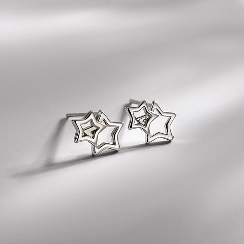 Hollow Star Stud Earrings Double Layer Overlapping Pentagram Copper Silver Plated Minimalist Style Jewelry For Women