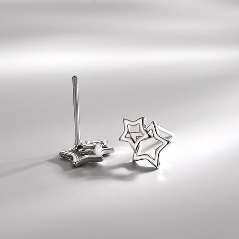 Hollow Star Stud Earrings Double Layer Overlapping Pentagram Copper Silver Plated Minimalist Style Jewelry For Women