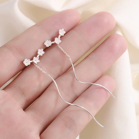 Long Wave Ear Threader Earrings Three Petal Flowers Silver Plated Copper Minimalist Dangle Jewelry For Women
