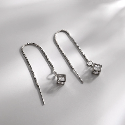 Geometrische Holle Kubus Doortrekoorbellen Met 925 Sterling Zilveren Oorknopje Zirkonia Lange Ketting Voor Dames