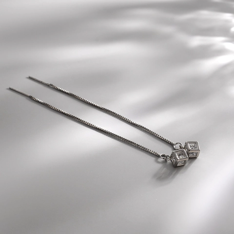 Geometrische Holle Kubus Doortrekoorbellen Met 925 Sterling Zilveren Oorknopje Zirkonia Lange Ketting Voor Dames