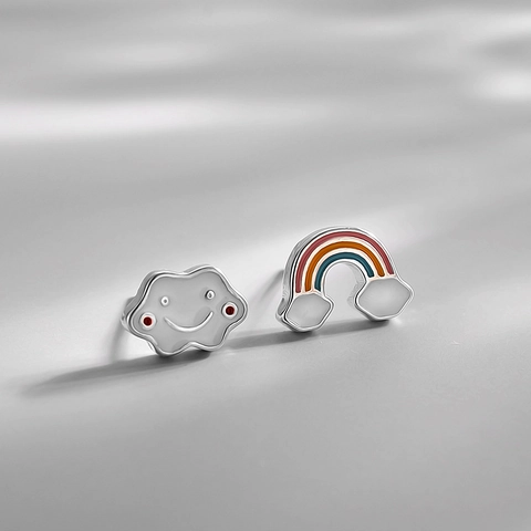 Orecchini A Lobo Asimmetrici Arcobaleno Nuvola Sorridente Gioielli Moda Donna Con Perno In Argento Sterling 925