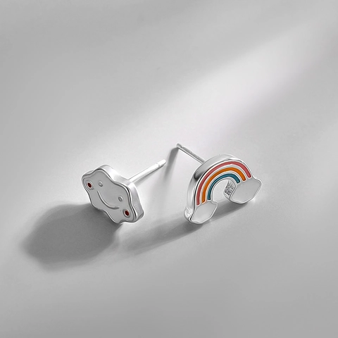 Orecchini A Lobo Asimmetrici Arcobaleno Nuvola Sorridente Gioielli Moda Donna Con Perno In Argento Sterling 925