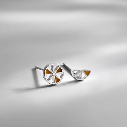 Pendientes De Botón Asimétricos Con Rodajas De Limón Y Naranja Con Poste De Plata Cobre Esmalte Joyería De Frutas Para Mujer