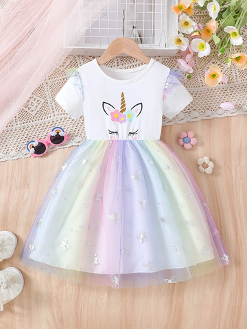 Girls Dress Unicorn Print Rainbow Gradient Mesh Tulle Short Sleeve Princess Style Summer Clothes